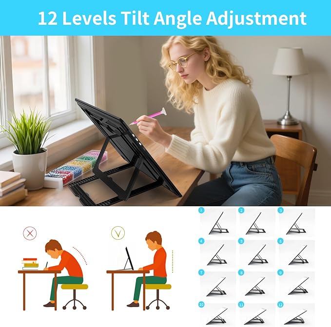 Phylosal Rechargeable A3 Light Pad with Built-in Stand & Bag, Magnetic Tracing Light Box for Drawing, Diamond Art Light Board with Side Button, Super Bright Light Table for Diamond Painting Black