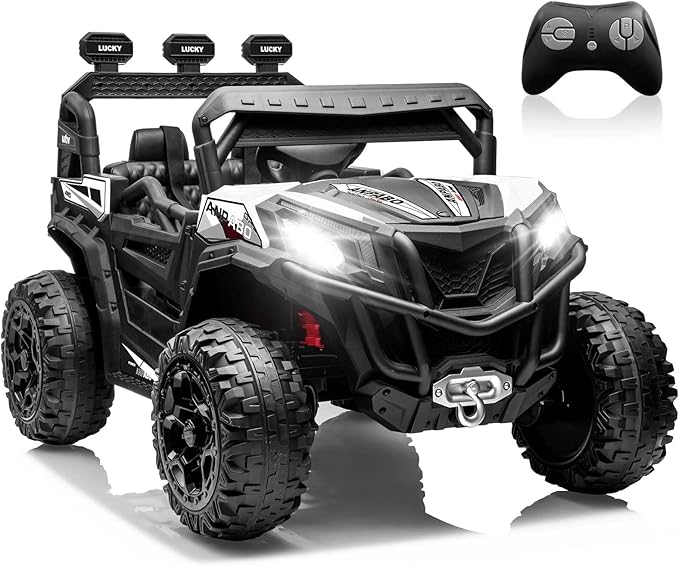 ANPABO 24V 4X4 Ride on Car Truck w/Remote Control, 4WD/2WD Switchable Kids UTV, 19" Spacious Seat, 4 Shock Absorbers, Soft Start, Music Player, Electric Car for Kids Ages 3+(White)
