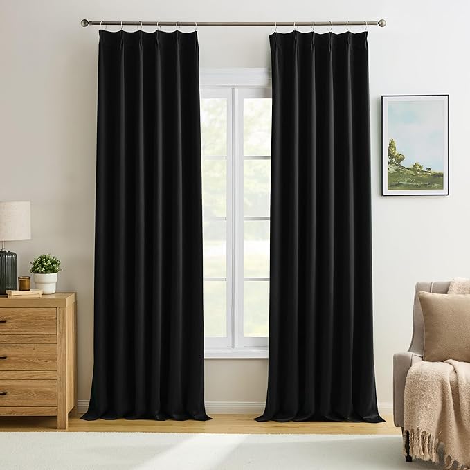 Black Blackout Curtains 132 Inches Long for Living Room Patio Door 2 Panels Set Room Darkening Pinch Pleated Extra Long Polyester Pinched Curtains Thermal Insulated Drapes 11 Ft Tall 40 Wide