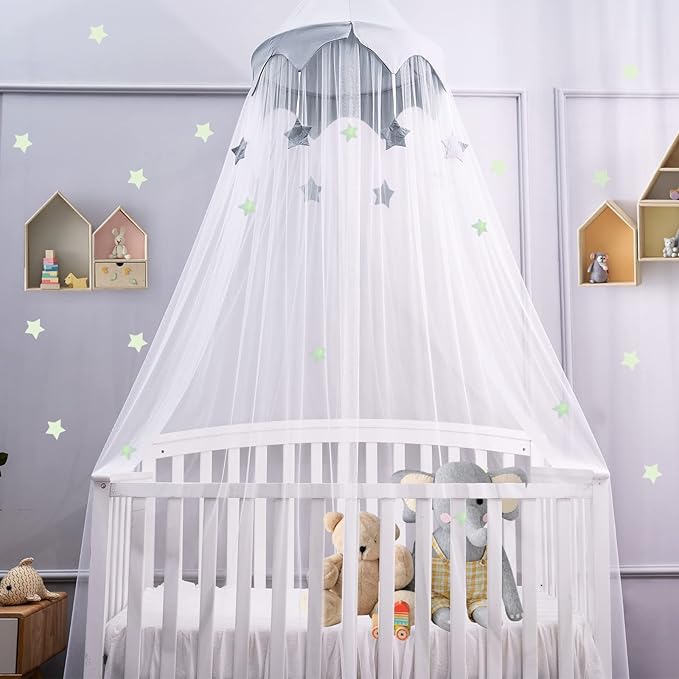 Canopy for Kids Bed with Stars, Crib Canopy with Dome, Elegant Net Hanging Fairy Girl Bed Canopy Princess Room Decoration Reading Nook Corner Curtain Fits Full Crib, Twin, Queen Play Castle Tent