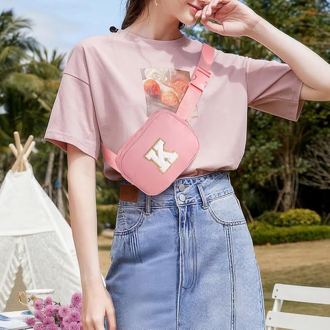 YOOLIFE Initial Sling Bag for Women - Bum Bag Chest Bag for Women Belt Bag Small Crossbody Bags Fanny Packs for Women Personalized Birthday Gifts Christmas Gifts for Women W, Pink