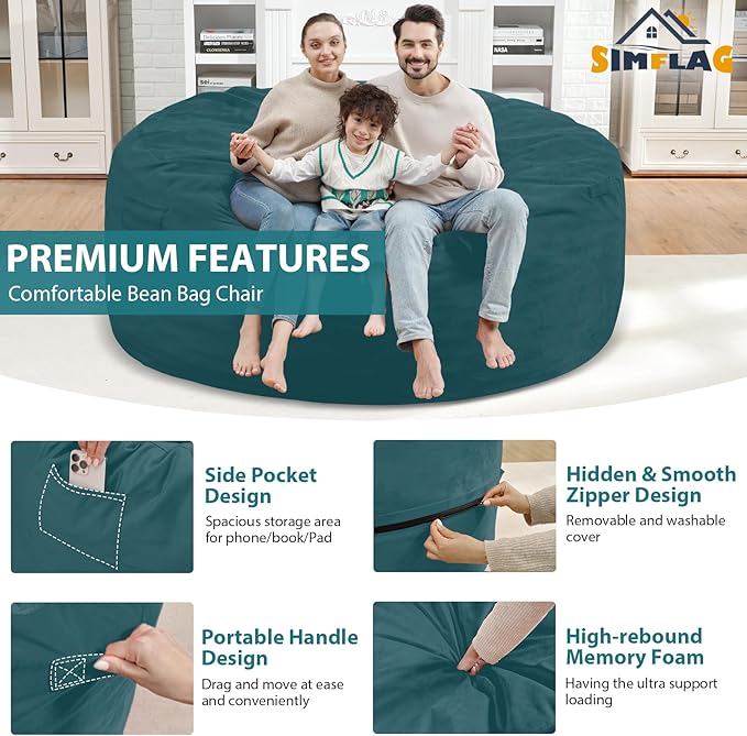 6FT Bean Bag Chair, Large Bean Bag Chairs with Memory Foam Filled, Fluffy Beanbag Sofa with Dutch Velvet Cover, Round BeanBag Chairs for Living Room, Playroom - Sea Blue