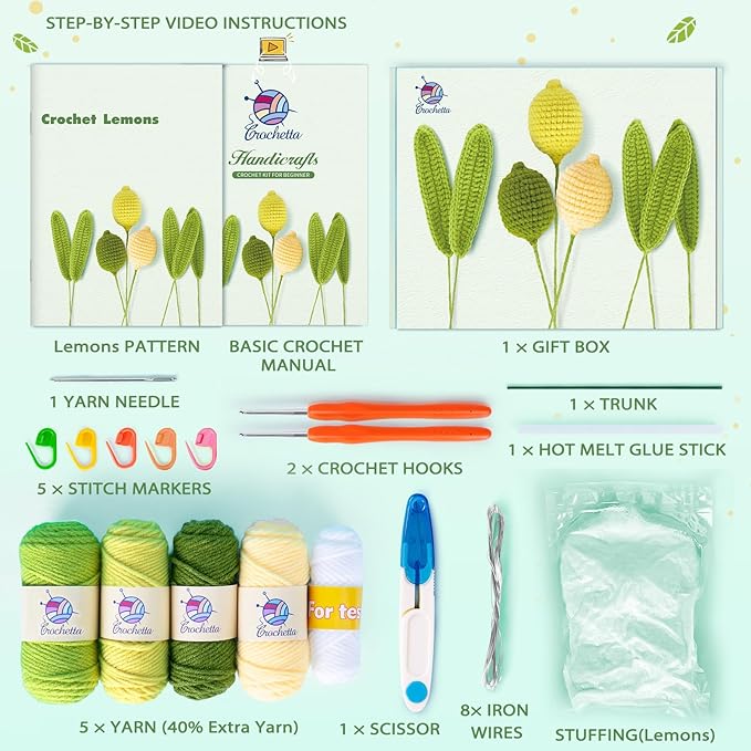 Crochetta Crochet Kit for Beginners, Crochet Kit w Step-by-Step Video Tutorials, Crochet Starter Kit Learn to Crochet Kits for Adults Kids Beginners, 3 Lemons Familly (40%+ Yarn Content)
