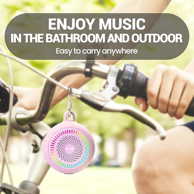 SOWO Small Waterproof Speaker Bluetooth Portable Wireless - Clip Speaker for Shower - Powerful Bass and Louder Volume - Colorful Lights and Lightweight for Travel,Kitchen,Pool - Pink