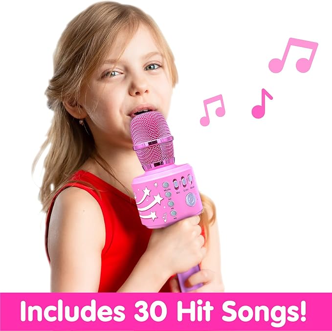 Move2Play, Kids Karaoke Microphone | Includes Bluetooth & Pre-Loaded Songs | Birthday Girls Present for All Ages, 2, 3, 4, 5+ Year Old Girls, Boys & Toddlers (All Pink)