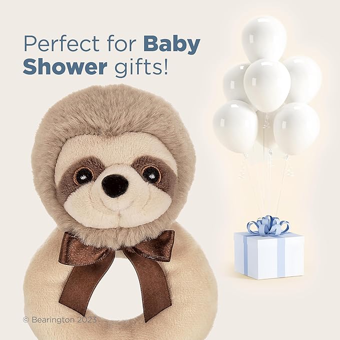 Bearington Baby Lil’ Speedster - 5.5 Inch Sloth Plush Stuffed Animal Soft Ring Rattle, Sloth Baby Stuff - Newborn Toy Plush Animal