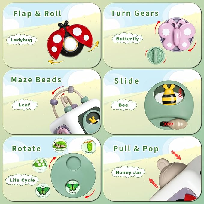 Montessori Educational Insect Busy Cube Toys for 1+ Year Old Boys Girls, Car Seat Airplane Travel Sensory Toys for Toddlers 1-3, 1st Birthday Gifts 6 12 Months