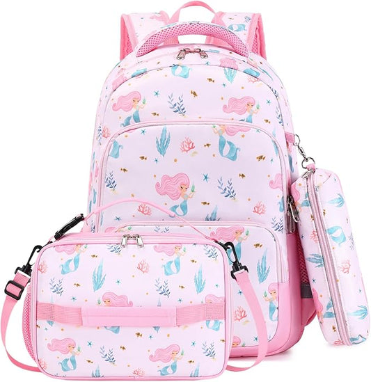 mygreen 3PCS Kids Backpack Set - Waterproof Bookbag with Lunch Box for Girls Ages 3-12, Adorable Cartoon Prints for School & Outdoor Use Light Pink Mermaid
