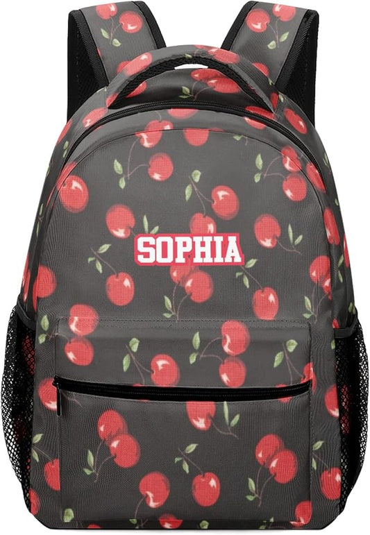 Red Cartoon Cherry Custom Kids Backpack 16.5 Inch for Boy Girl, Personalized Waterproof Child School Travel Bag with Name