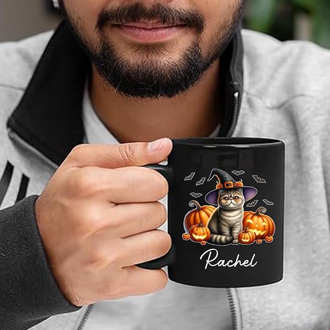 Personalized Exotic Shorthair Wearing Witch Hat Ceramic Cup, Exotic Shorthair Coffee Mugs Gift for Halloween, Custom Name Pet Cat with Pumpkins Halloween Cup, Cat Owner Black Mug 11oz 15oz