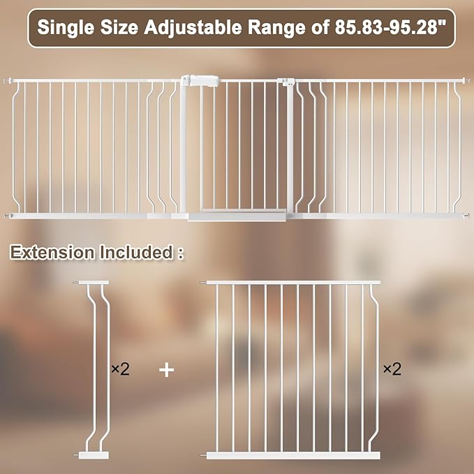 WAOWAO Baby Gate 85.83-95.25" Extra Wide Pressure Mounted Walk Through Swing Auto Close Safety White Metal Toddler Kids Child Dog Pet Puppy for Stairs,Doorways,Kitchen