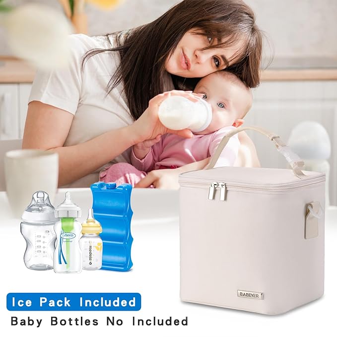 Breastmilk Cooler Bag with Ice Pack Fits 6 Baby Bottles Up to 9 Ounce, Baby Bottle Bag with Shoulder Strap for Nursing Mom Daycare, Cream