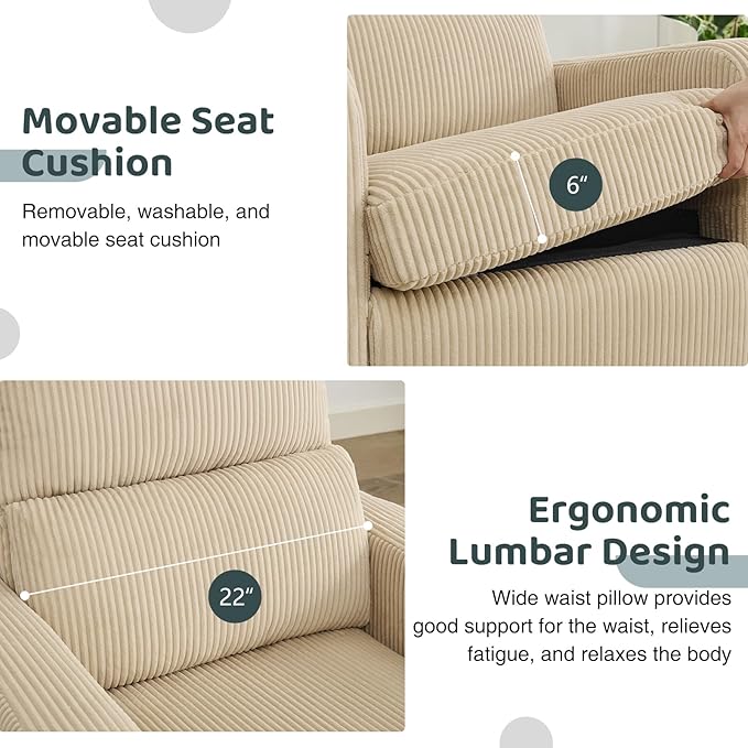 Swivel Rocker Recliner, Oversized Power Recliner Nursery Glider with Removable Cushion, Upholstered Swivel Reclining Chairs for Nursery Living Room Bedroom, Corduroy Camel