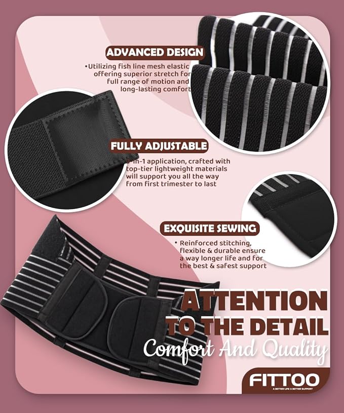 FITTOO Maternity Belt Back Support Belly Band Pregnancy Belt Support Brace Abdominal Binder Waist Support Black XXL