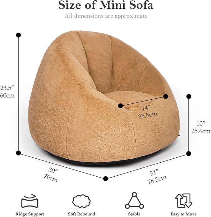 N&V Small Bean Bag Chair for Kids, Children Mini Bean Bag Sack, Foam Filling, Includes Removable and Machine Washable Cover, 27in, Soft Faux Fur (Brown)