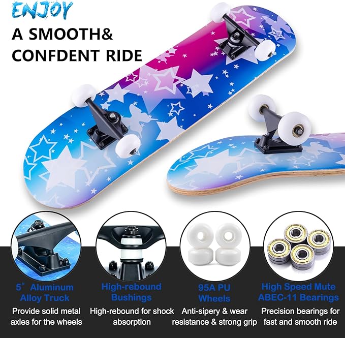 Skateboard,31 x 8 Inch Complete Skateboard, 8-Layer Maple Wood Deck Double Kick Standard Skateboards for Kids, Teens, Adult, Beginner