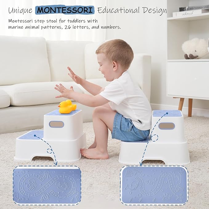 Blue Toddler Step Stool for Bathroom Sink, 2 Step Stool for Kids Kitchen Sink, Heavy Duty Stepping Stool for Toddlers Toilet Potty Training (2 Pack, White-Blue)
