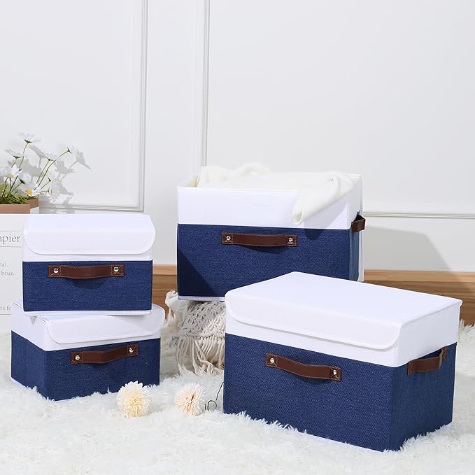 ANMINY 4PCS Storage Boxes with Lid Washable Decorative Storage Bin Basket with PU Leather Handle Foldable Linen Fabric Storage Cube Container for Home Closet Organizer - Deep Blue White, Large Size