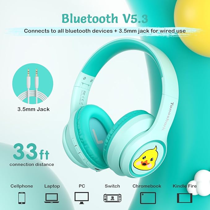 Active Noise Cancelling Kids Headphones, 60H Playtime, Wireless Bluetooth Over-Ear Headset, Built-in Microphone for Home/School/Travel/Party - Includes Portable Case