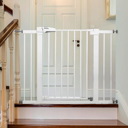 Babelio Metal Baby Gate, 29-43" Auto Close Easy Install Pet Gate, Extra Wide Walk Thru Child Safety Gate, 30" Tall Pressure Mounted Dog Gate for Doorways & Stairs, White