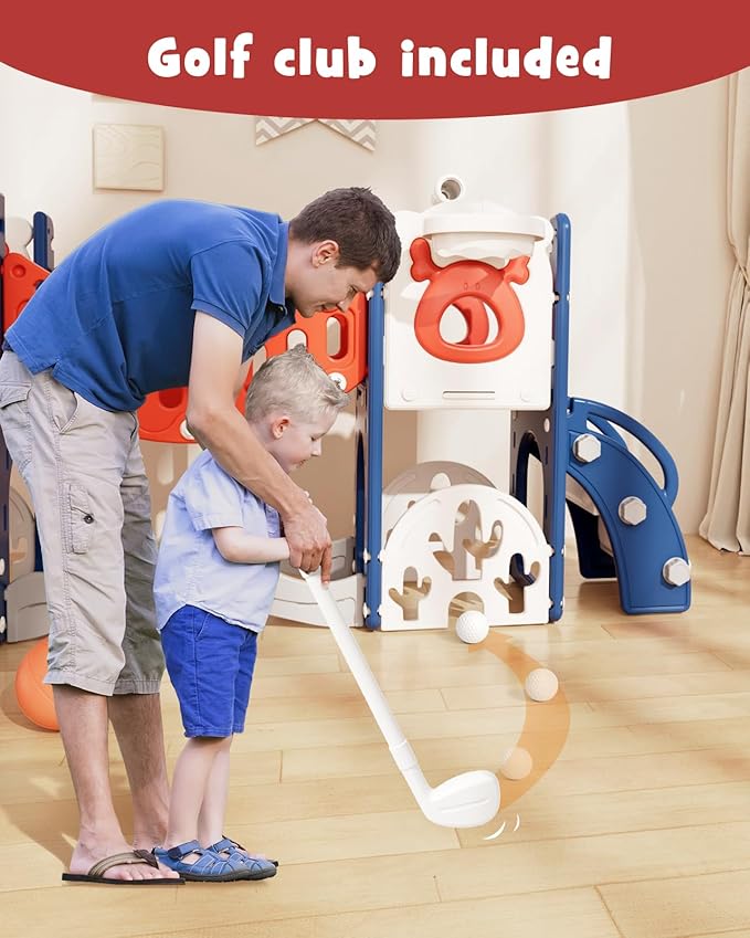 YUFU Toddler Slide Set, 11 in 1 Kids Slide for Toddlers 1-3, Toddler Playset with Climbing Bridge, Golf Set, Basketball Hoop, Indoor Outdoor Playground (Blue Red)