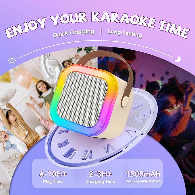【2025 Newest】 Mini Karaoke Machine for Kids Girls & Boys - Portable Bluetooth Speaker with 2 Wireless Microphones - Kids Birthday Gifts for Ages 4-10 - Kids' Instrument Accessories - Beige