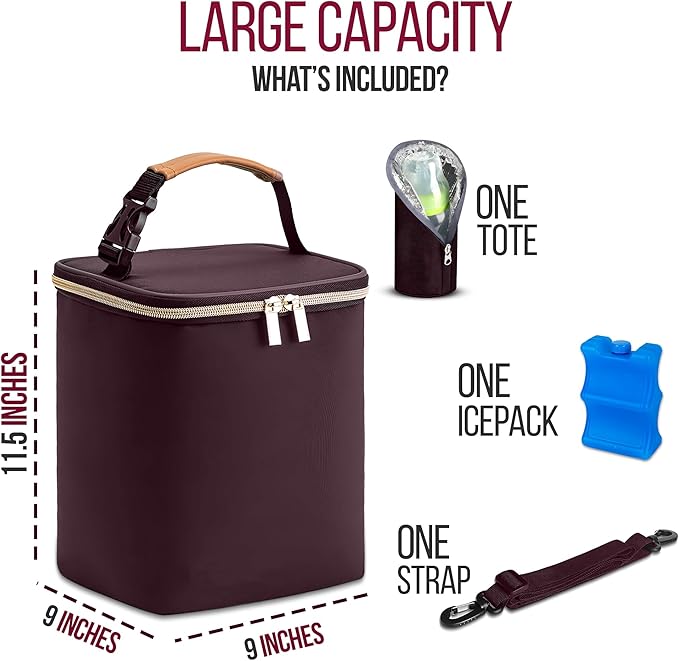BreastMilk Cooler with Ice Packs and Tote Bags for Nursing, Large Capacity, Waterproof, Fits 9 Baby Bottles Up to 11 oz, Dark Brown
