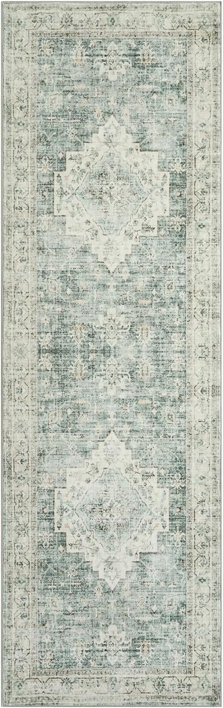 LIVEBOX Washable 2.5x8 Runner Rugs for Entryway Bathroom, Boho Kitchen Floor Mats Long Rug Runners for Hallways Non Slip, Farmhouse Low-Pile Carpet Runners for Laundry Room, Sage Green