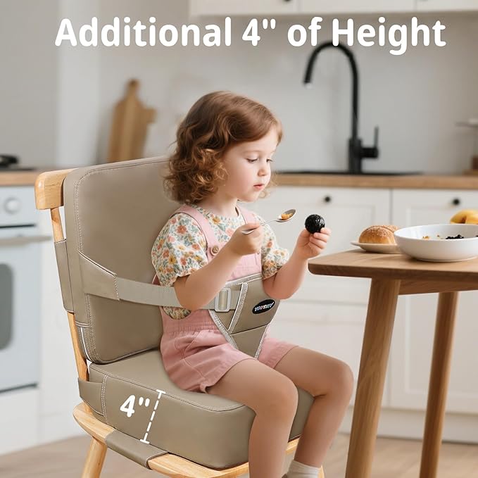 Toddler Booster Seat for Kitchen Chair, 2-in-1 Dining Table Booster Seat with Backrest & Adjustable Straps – Easy-Clean, PU Portable Toddler Eating Travel Increasing Cushion - Dark Coffee