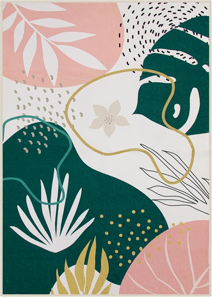 Lahome Washable Rug 5x7 - Rugs for Living Room 5x7 Non-Slip Ultra-Thin Carpet for Bedroom Cute Soft Kids Nursery Rug, Boho Botanical Print Indoor Floor Rug for Entryway Office (5'x7',Green/Pink)