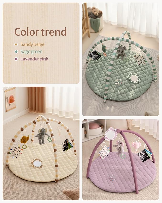 Blissful Diary Baby Play Gym Mat, Tummy Time Activity Mat with 6 Detachable Toys for Stage-Based Sensory & Motor Skill Development, Easy to Install & Clean, Baby Essentials Gift, Sandy Beige