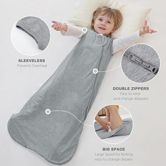 Mosebears Unisex Baby Sleep Sack 1.0 TOG, Supersoft Rayon Made from Bamboo Wearable Blanket with 2-Way Zipper (Grey,18-36 Months)