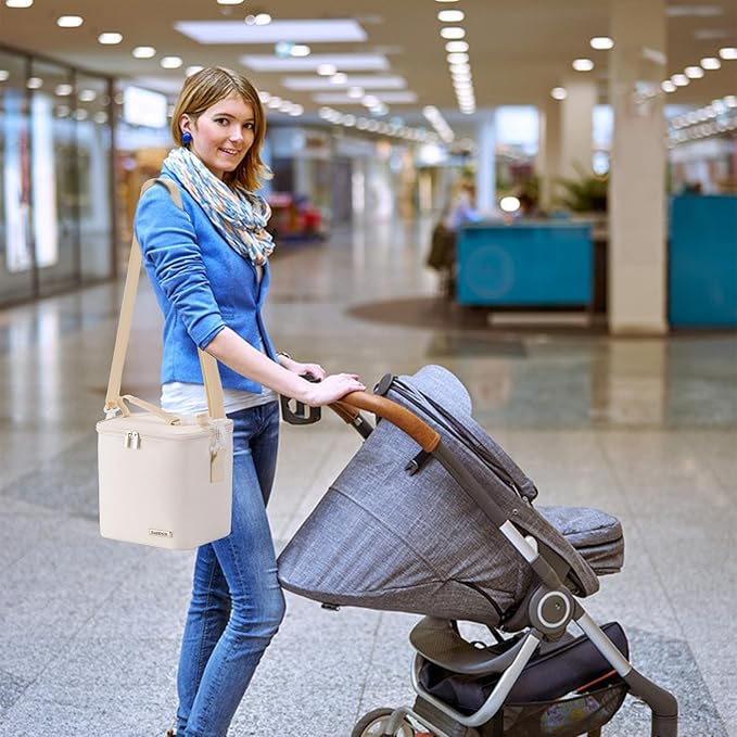 Breastmilk Cooler Bag with Ice Pack Fits 6 Baby Bottles Up to 9 Ounce, Baby Bottle Bag with Shoulder Strap for Nursing Mom Daycare, Cream