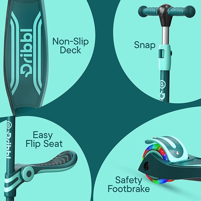 Aqua 3 Wheel Scooter with Seat for Kids – Light-Up LED Wheels, Adjustable Handlebar and Seat, Smooth PU Wheels, Wide Anti-Slip Deck, Rear Foot Brake – Toddler Outdoor Toys for Ages 2+