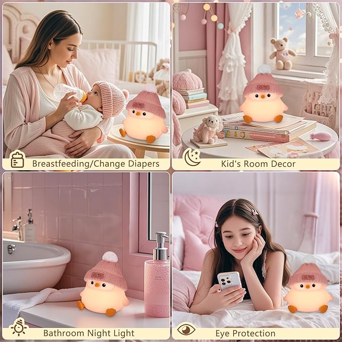 Penguin Silicone Night Light, Cute Pink Penguin Lamp with Knitted Hat, Soft Nursery Nightlight, USB Rechargeable/Dimmable,LED Squishy Novelty Animal Bedside Lamp,Funny Gifts for Kids/Girls