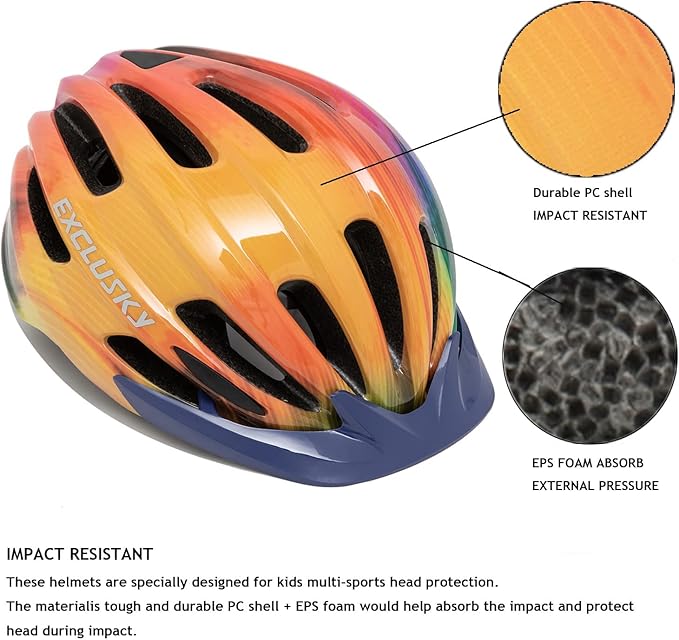 Exclusky Kids Bike Helmet with LED Light – Adjustable Multi-Sport Youth Helmet for Boys & Girls, Ages 5-12, Fits 50-57cm, Cycling Safety Gear