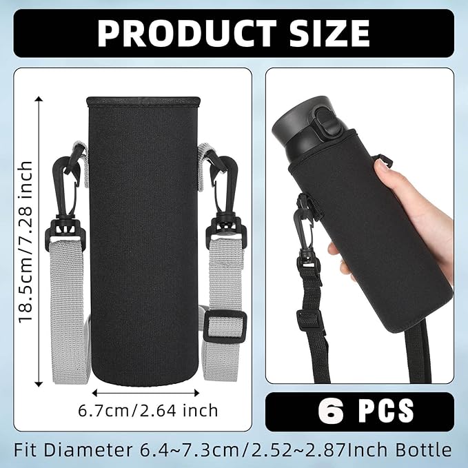 Rtteri 6 Pcs Neoprene Water Bottle Carrier Bag with Adjustable Shoulder Strap 32oz Insulator Water Bottle Cover Holder Cooler Sleeve for Stainless Steel/glass/plastic (Black)