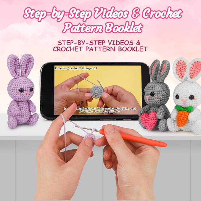 ekaus Crochet Kit for Beginners, Crochet Kit with Step-by-Step Video Tutorials, Crochet DIY Knitting Supplies for Adults Kids, Crochet Rabbits(45%+ Yarn)