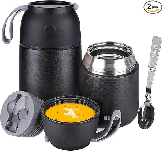 Insulated Thermo Food Jar for Hot & Cold Food for Kids Adult, 17&24 oz Soup Thermal Hot Food Containers for Lunch, Triple Layer Insulation Stainless Steel Food Jar with Spoon (2 Pack Black)