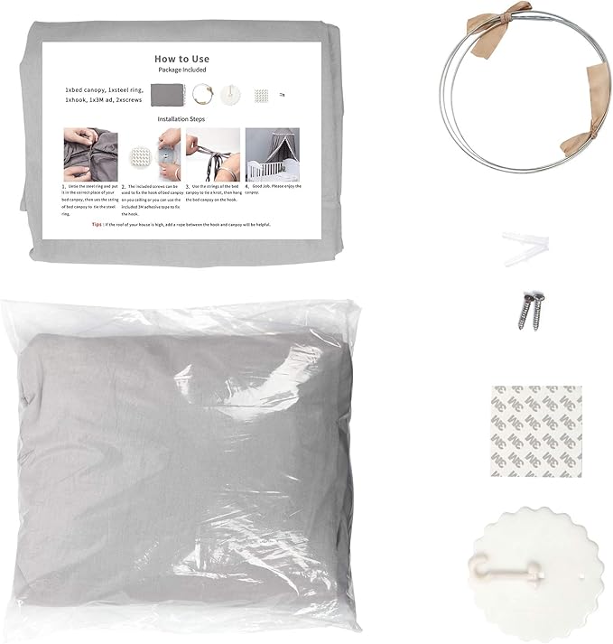 Bed Canopy with Frills Reading Nook Game Tent for Kids Boho Hanging Net Play Room Decor(Light Grey)