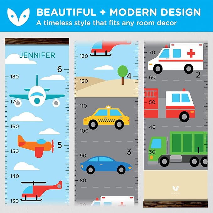 WISE OWL Personalized Growth Chart for Kids - Height Wall Chart for Boys with Peel & Stick Letters for Name - Hanging Canvas Wall Measurement Height Tracker for Baby Gift (Vehicles)