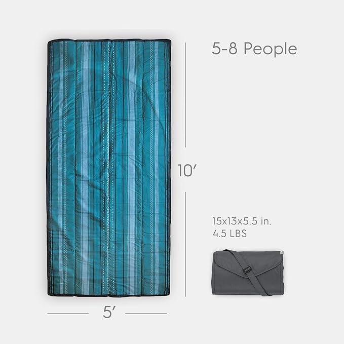 Little Unicorn 5'x10' XL Outdoor Family Picnic & Beach Blanket | Durable & Water-Resistant Fabric | Compact Fold & Easily Wipes Clean | Zipper Pocket (Shoreline Stripe)