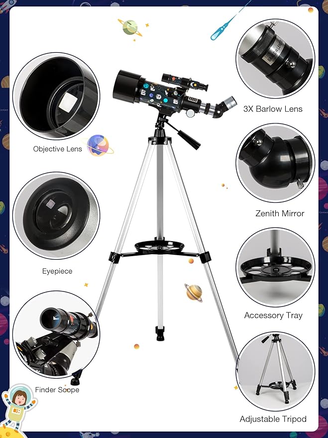 Telescope for Kids Adults Astronomy Beginners Over 8 Years Old, 70mm Aperture Astronomical Refractor Telescopes with Phone Adapter & Wireless Remote, Astronomy Space for Christmas Birthday