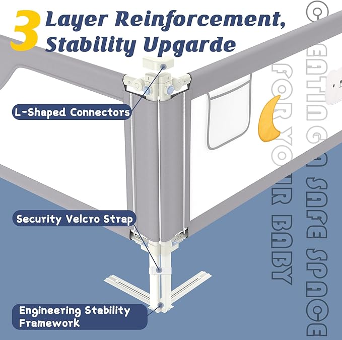 3-Piece Bed Rail for Toddlers with Headboard Rod, Adjustable Baby Bed Rail Guard (78.7 * 78.7 * 59 Inch-Queen Size)