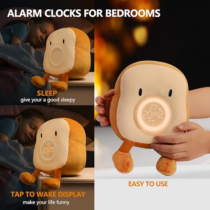 QANYI Plush Toy Night Light Alarm Clock for Kids, Multiin-one Cozy Toast Plushies Bed Clock with Dual Alarm and Snooze, Dimmable Bed Lamp Birthday Gifts Ideal for Children Teens Girls Boys Women