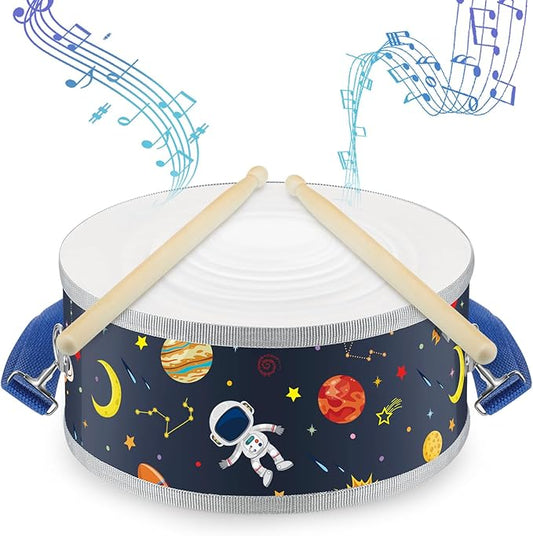 Boao 1 Pc Kids Drum Set, 8 Inch Toddler Drum Wooden Toy with Adjustable Strap and 4 Drumsticks, Educational Sensory Musical Instrument for Toddlers Kid Baby Boys Girls Gift (Space)