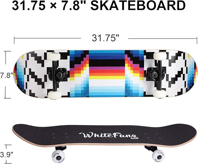 WhiteFang Skateboards for Beginners, Complete Skateboard 31 x 7.88, 7 Layer Canadian Maple Double Kick Concave Standard and Tricks Skateboards for Kids and Beginners