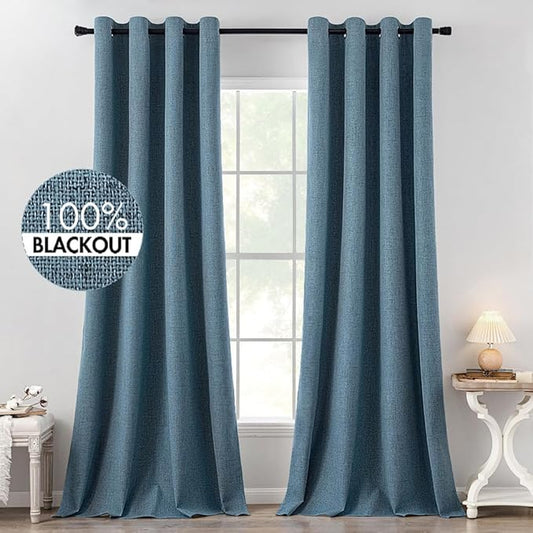 MIULEE Linen Texture Curtains, 2 Panels (Dusty Blue, W52xL84), Blackout, Grommet, Room Darkening, Nursery, Solid, Classic, 2 Count