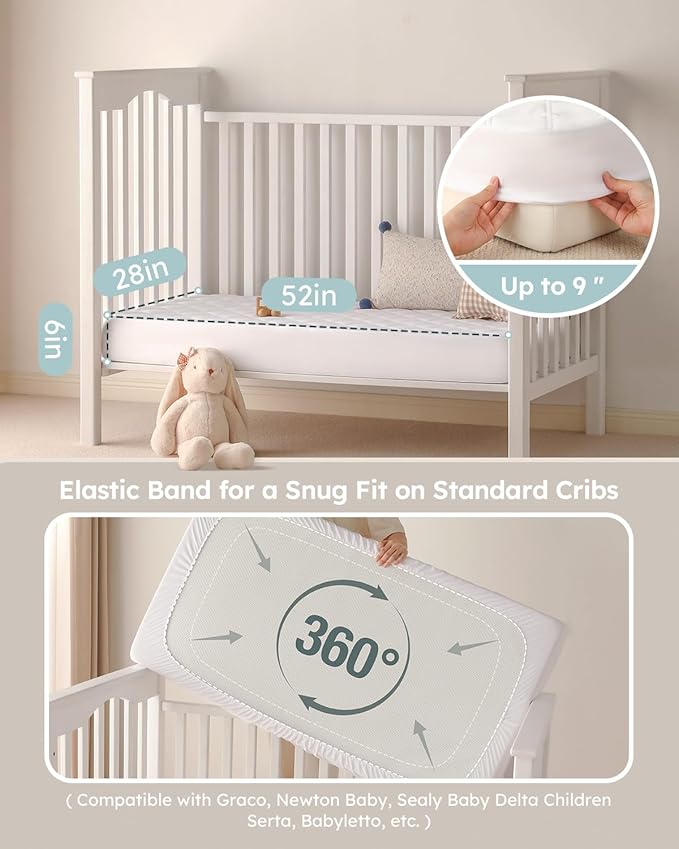 Yoofoss Waterproof Crib Mattress Protector 2 Pack, Quilted Crib Mattress Pad Cover Ultra Soft and Breathable, Machine Washable Toddler Mattress Protector for Standard Baby Crib Size 52''x28''