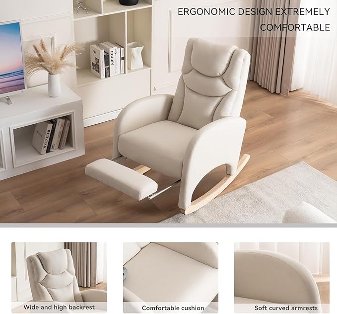 Rocking Chair Nursery,Modern Glider Chair with Adjustable Footrest and Solid Wood Legs,High Backrest Nursery Chair with Side Pocket,Rocker Armchair for Living Room Bedroom Cotton Linen, Beige